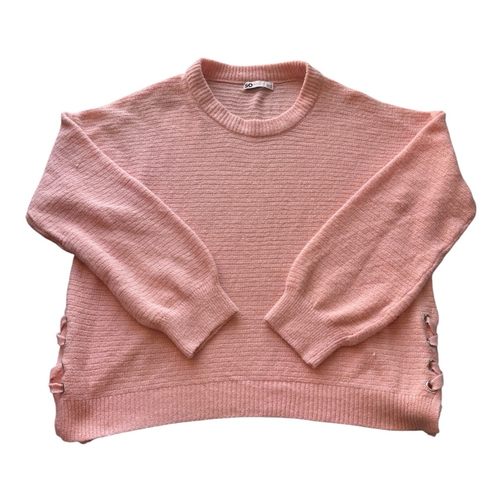SO Blush Pink Lace-Up Side Crewneck Sweater juniors Size Large Pullover Knit